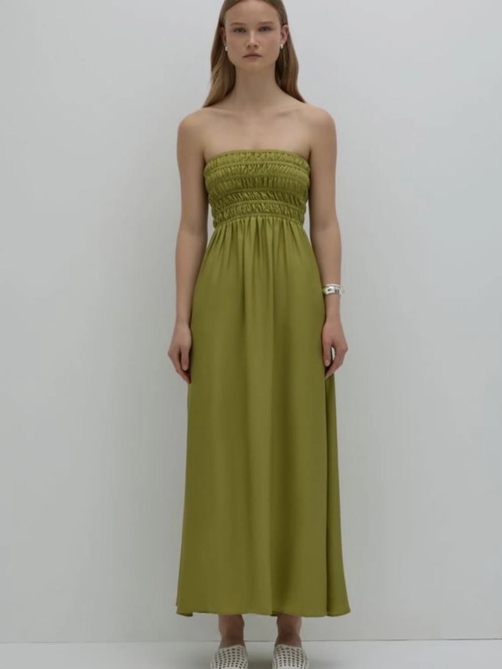 Nude Lucy Zuri Maxi Dress | Olive Green Strapless Smocked Maxi |